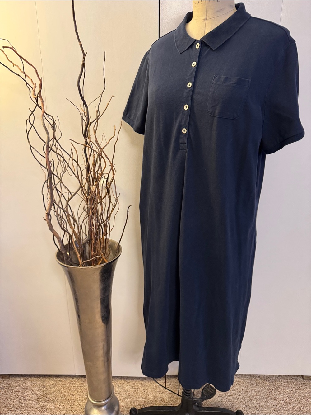 Lands' End Navy Short-Sleeve Polo Maxi Dress